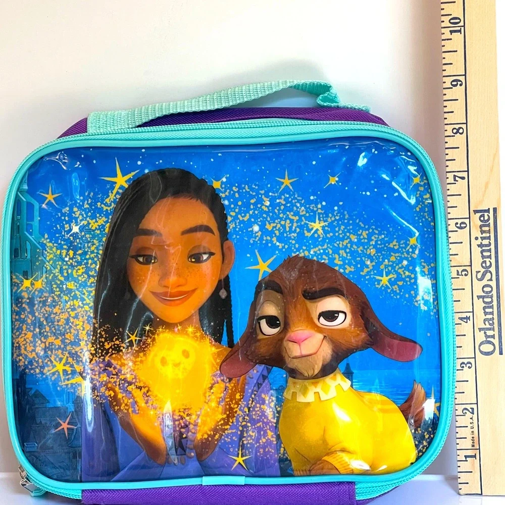 Disney’ Purple & Aqua “Wish” Soft Side Lunch Bag with Asha & Valentino & Star.